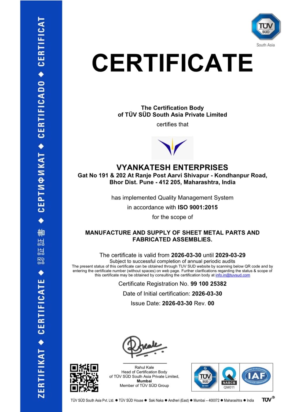 ISO 9001:2015 certificate of registration for Vyankatesh Enterprises